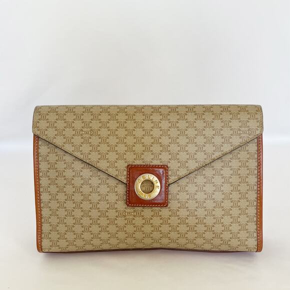 CELINE Vintage Macadam PVC Canvas Leather Clutch Bag Accessories Handbag Italy - Picture 1 of 15